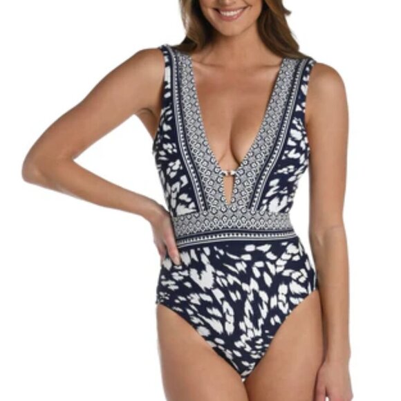 La Blanca Changing Tides Plunge One Piece Swimsuit in Indigo Blue Size 10 - Picture 1 of 4